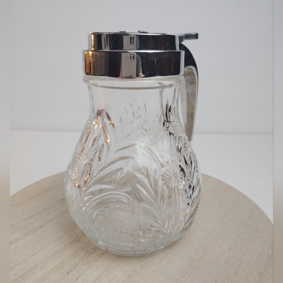 Crystal Cut Floral Leaf Pattern Glass Syrup Dispenser/ Pitcher with Lid - Picture 2 of 8